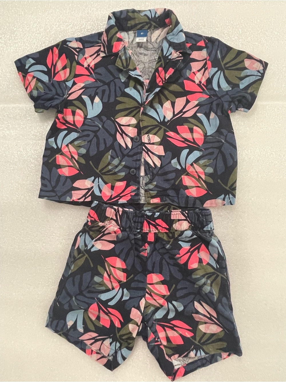 Old Navy Navy Floral Shirt with Coral & Olive Leaves